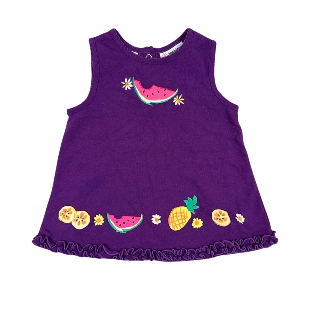 Christie Brooks Girls Purple Fruit Embroidered Ruffle Hem Pique Top Size M 5-6